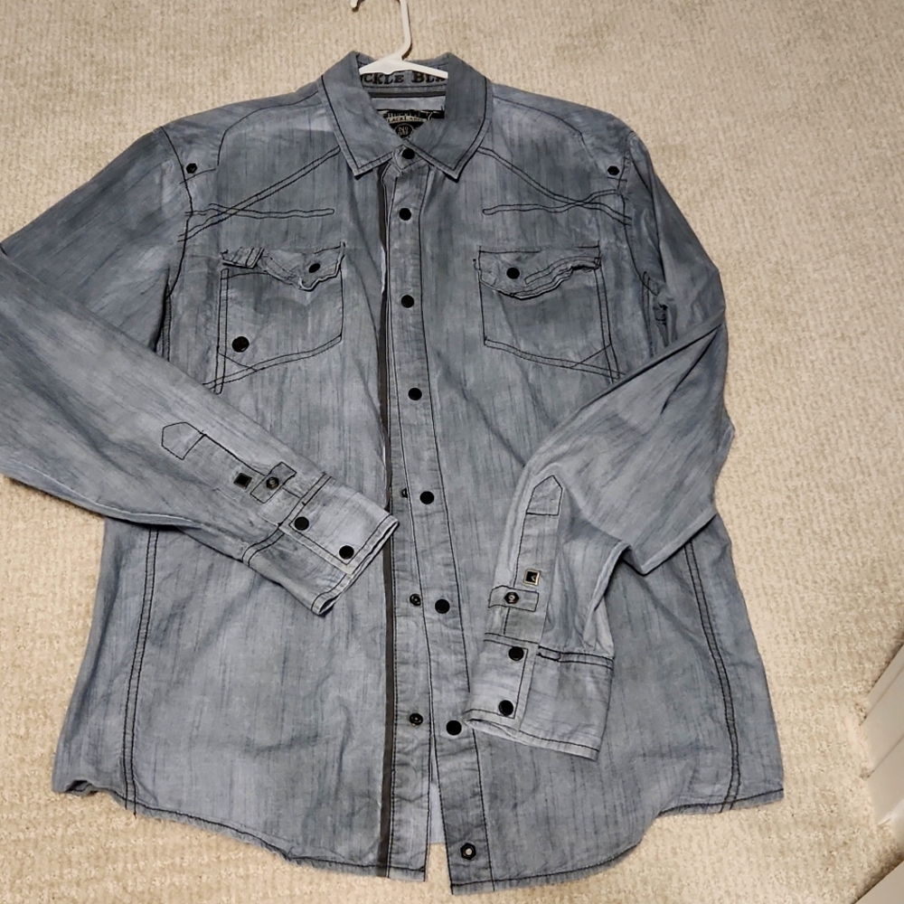 Men's Large Bulkle Black snap button down shirt